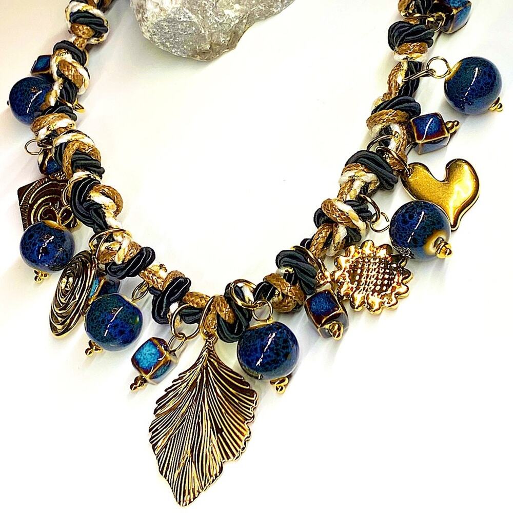 NEW Gold & Blue Ceramic Mixed Charm Statement Necklace